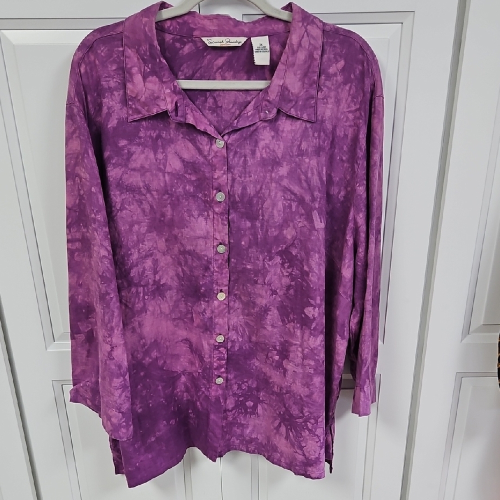 French Laundry 100% Purple Tiedye Linen Button-Up Shirt 3X